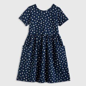 Quince Girls Organic Cotton Fit and Flare Pocket Dress in Navy Dots 7